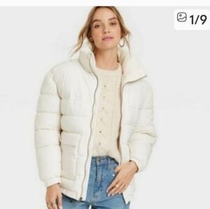 Women's Ivory Puffer Jacket - Classic Quilted Coat Sz XL